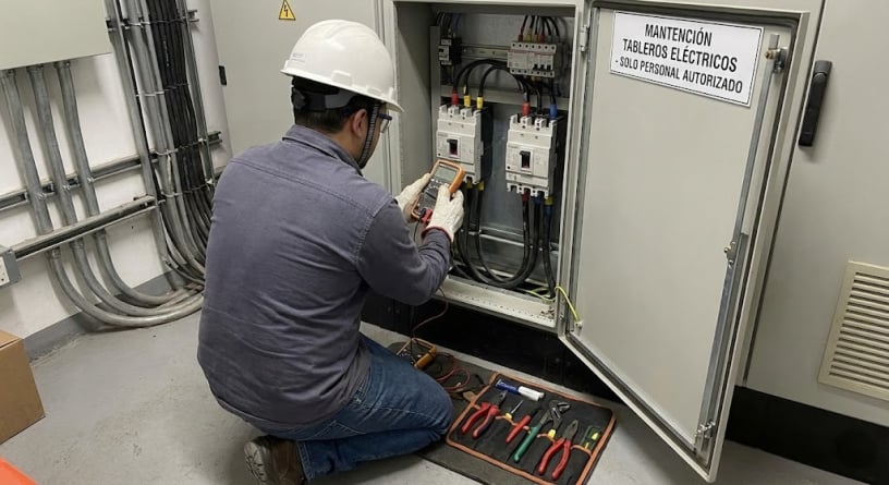 Técnico realizando mantención en tablero eléctrico